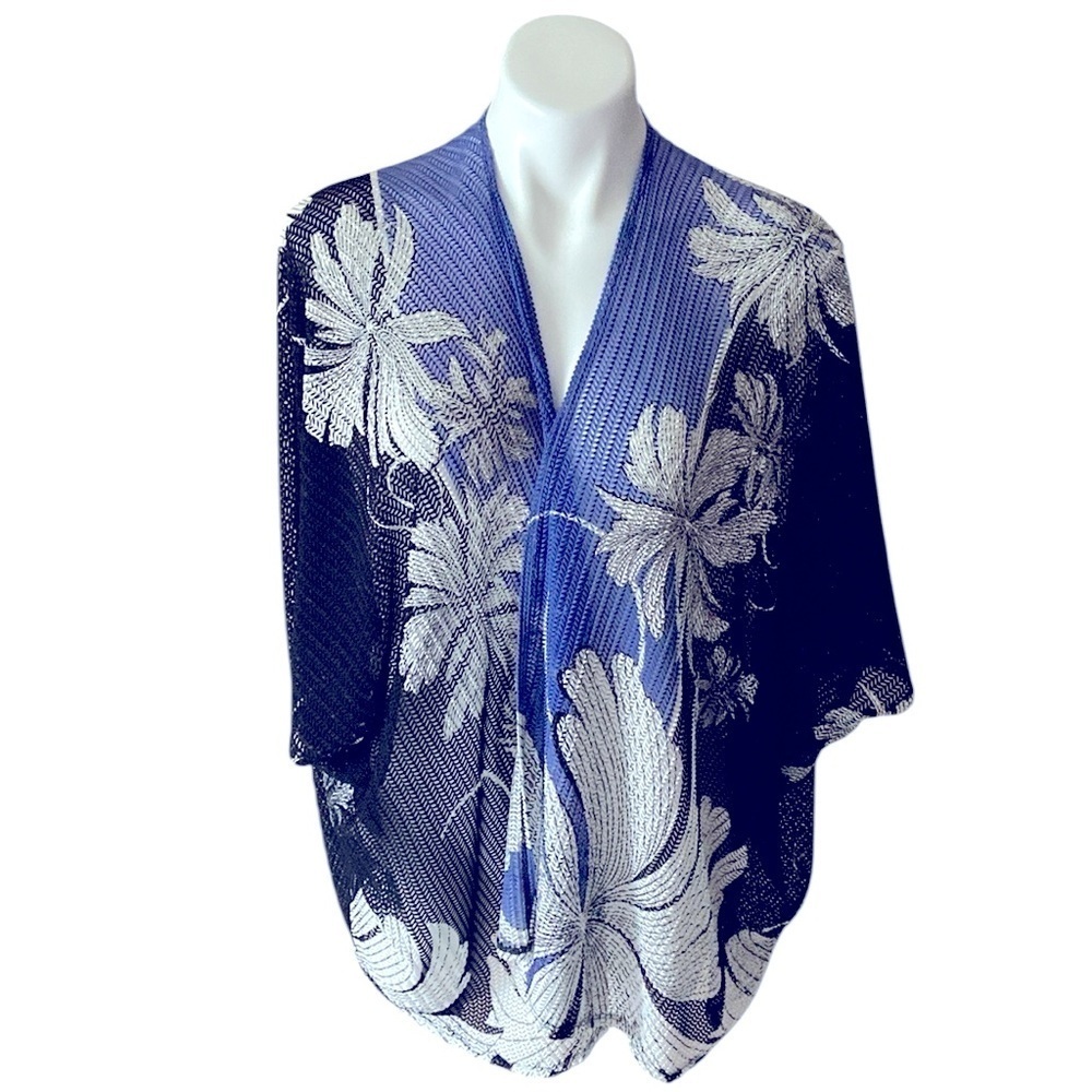 Chico’s Women’s Black and Blue Floral Mesh Open Shrug Cape Beach Coverup